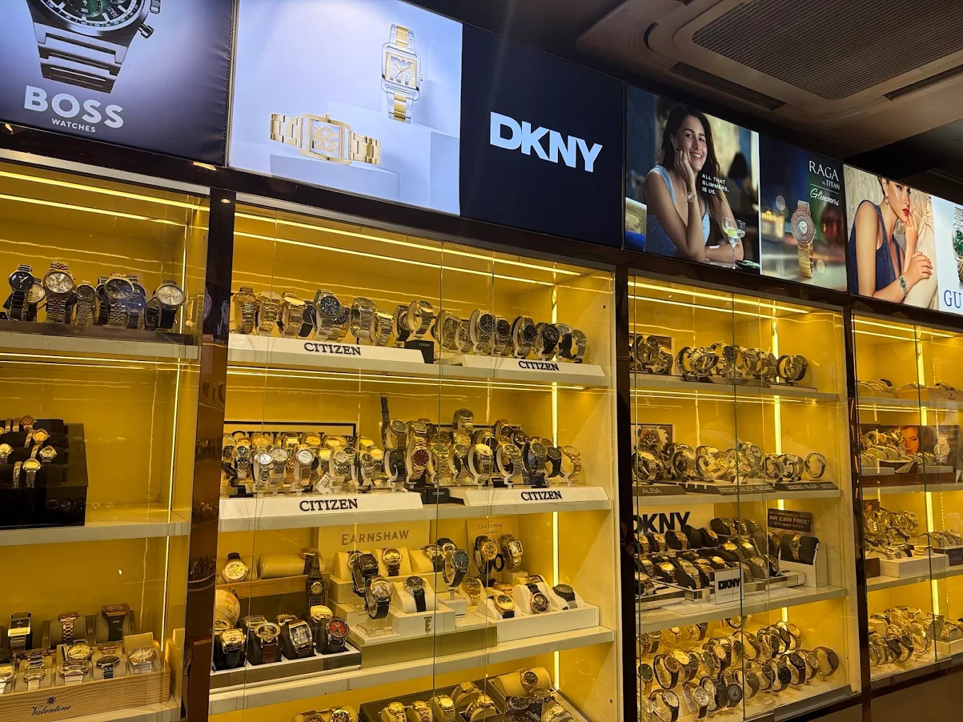 Branded watch display cabinets inside the Sikka & Sons boutique